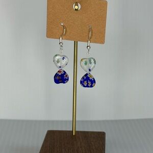 Heart hourglass Shaped lampwork beaded Blue and White Earrings